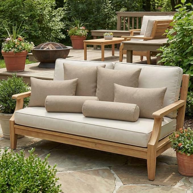 RSH DECOR: 6-Pack Pillow Set | Sunbrella Performance Fabric |Water & Fade-Resistant| 17" Square, 20"x12" Lumbar, 20"x6" Neck Roll | Outdoor Throw Pillows | Made in USA (Vesper Alpaca Stone)
