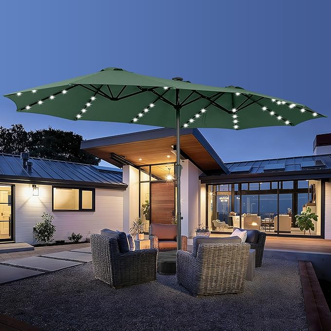 15 ft Patio Umbrella with 48 LED Lights, Large Rectangle Outdoor Solar Umbrella with Matching Base, Strap, Crank, Green