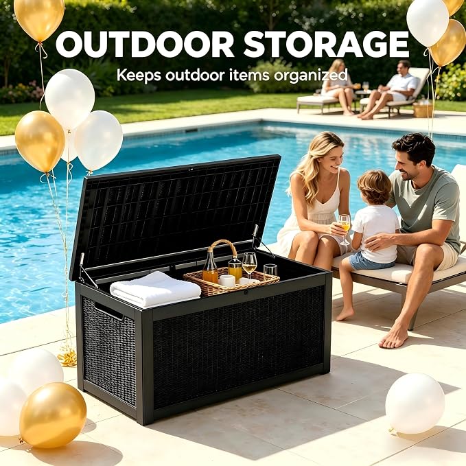 328 Gallon Waterproof Outdoor Storage Box, Heavy Duty Resin Deck Box Lockable, Large Outside Patio Storage Bench for Garden Tools & Pool Accessories, Hydraulic Lift, All-Season UV-Resistant, Black