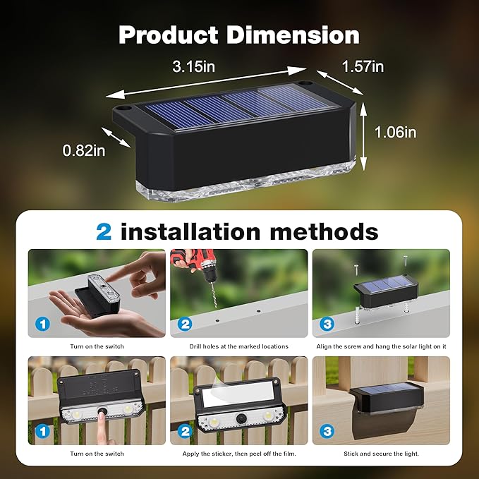 Peasur Solar Fence Lights Outdoor 6 Pack, Deck Light Solar Powered, Waterproof LED Step Lights for Railing Yard Patio Outside, Cool White