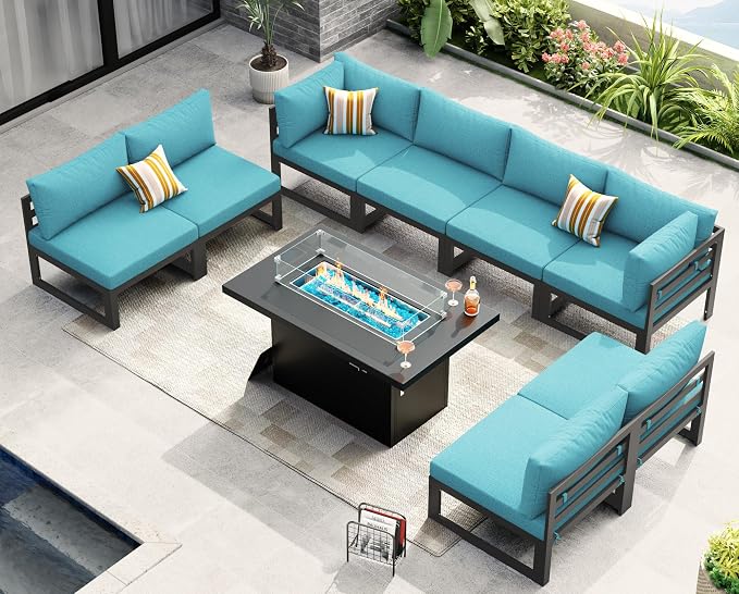 NICESOUL 9 Piece Modern Aluminum Patio Furniture Set with Fire Pit Table, 500 lbs Heavy Duty Outdoor Sectional Sofa, 29" Deep Wide Oversized Seating L Shaped Conversation Couch for Garden, Turquoise