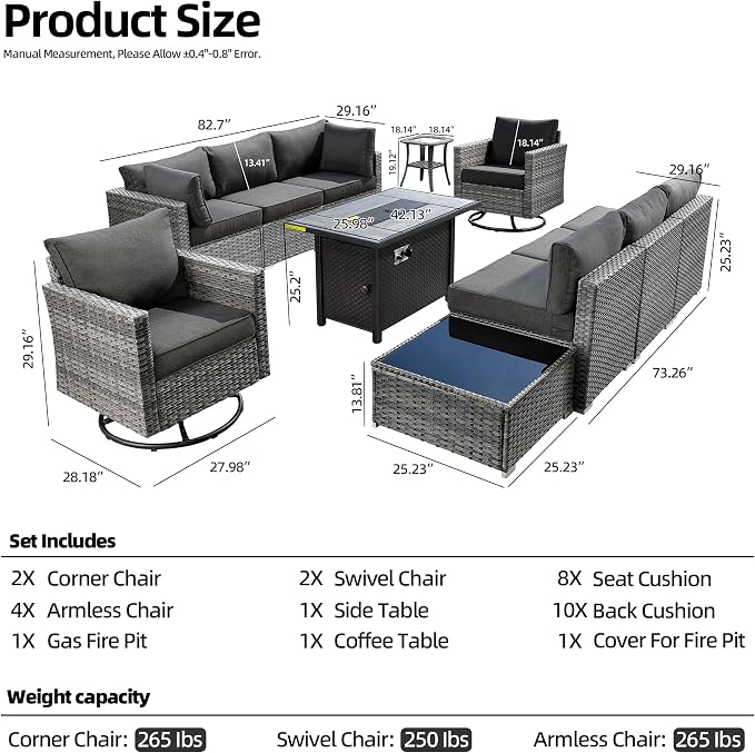 CAODOC 11 Piece Outdoor Patio Furniture Set with 42" Fire Pit Table, Wicker Sectional Conversation Set Whit Swivel Chairs,Modern Outside Sofa for Balcony Backyard(Black)