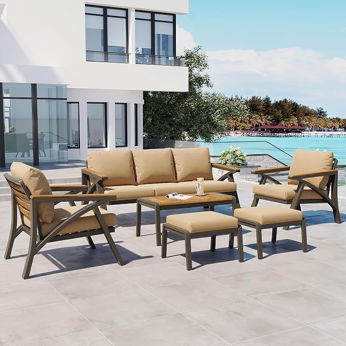 6-Piece Outdoor Patio Furniture Set,Steel Frame Sofa Set with 3-Seat Couch, 2 Armchairs,2 Ottomans & Acacia Wood Coffee Table, Cushioned Seating for Backyard, Garden,Poolside (Brown#56)