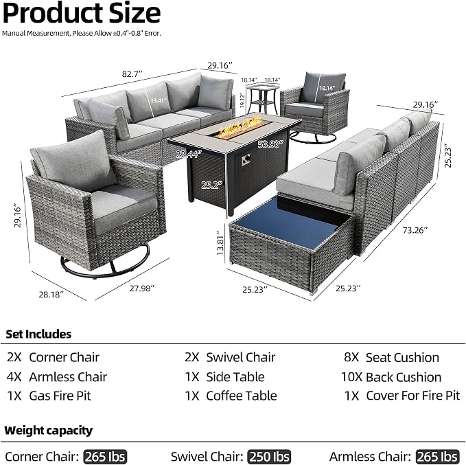CAODOC 11 Piece Outdoor Patio Furniture Set with 53" Fire Pit Table, Wicker Sectional Conversation Set Whit Swivel Chairs,Modern Outside Sofa for Balcony Backyard(Dark Gray)