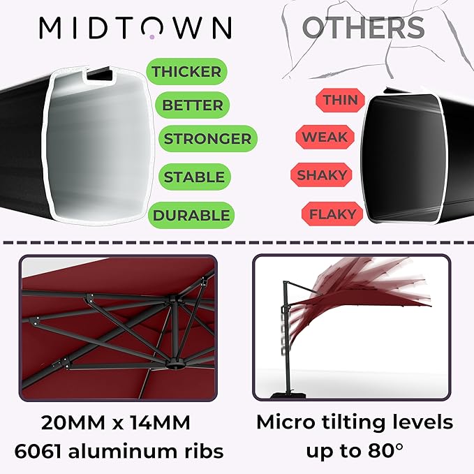 Midtown Umbrellas 10 Ft Outdoor Cantilever Patio Umbrella w/Sunbrella Burgundy Fabric - Tilt 360° Rotate Offset Patio Umbrella, Deck Patio Umbrella, Backyard Umbrella & Garden Umbrella - Black Frame