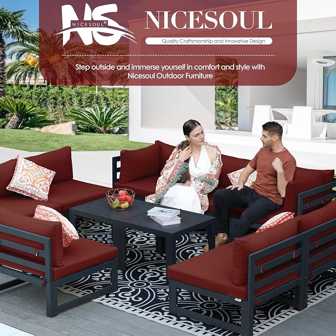NICESOUL 8 Piece Oversized Modern Aluminum Patio Furniture Set, All Weather Rust Proof Modular Sectional Sofa with Side Table, 500 lbs Heavy Duty Comfortable Outdoor Couch for Backyard Deck, Burgundy