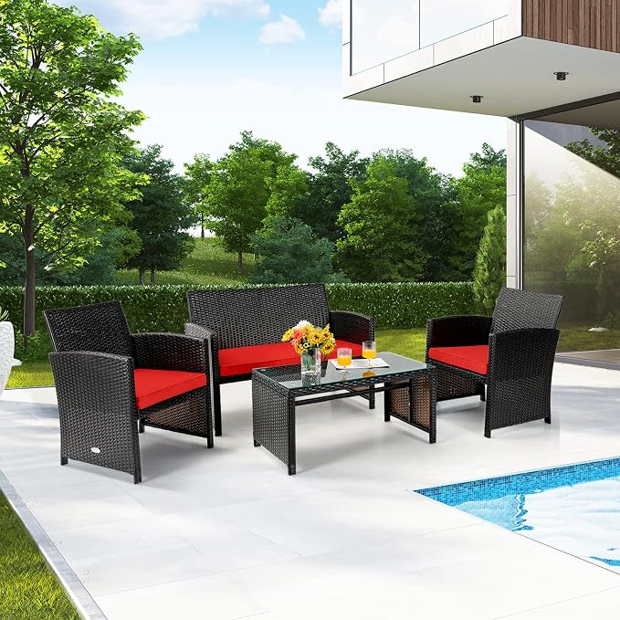 Tangkula 8 Pieces Rattan Furniture Set, Outdoor Conversation Set w/Chair & Loveseat & Tempered Glass Coffee Table, Suitable for Garden, Backyard, Poolside, Patio Furniture Set for 8 (2, Red)