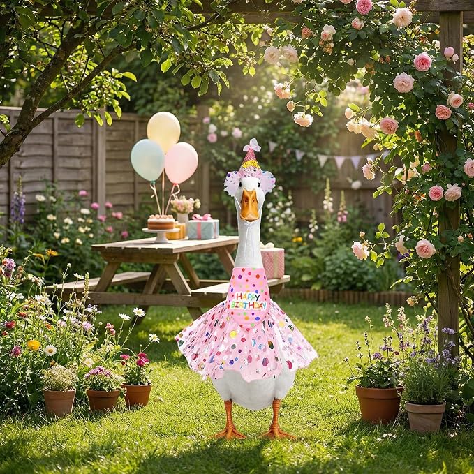 Porch Goose Outfits, Birthday Goose Outfits with Glitter Tutu Skirt, Birthday Hat and Bandana Valentine Porch Gooses Outfit for 23" 17" Outdoor Statue Patio Yard Lawn Art(Pink)