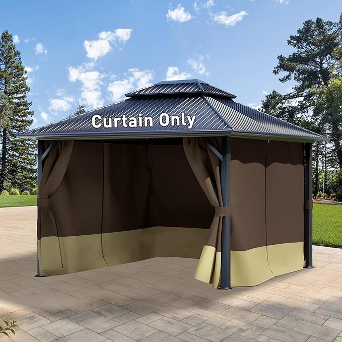 Aoodor 10x13 ft Outdoor Gazebo Curtains, 4 Panels Waterproof Privacy Sidewall Replacement with Zipper for Patio Pergola and Canopy, Brown and Khaki