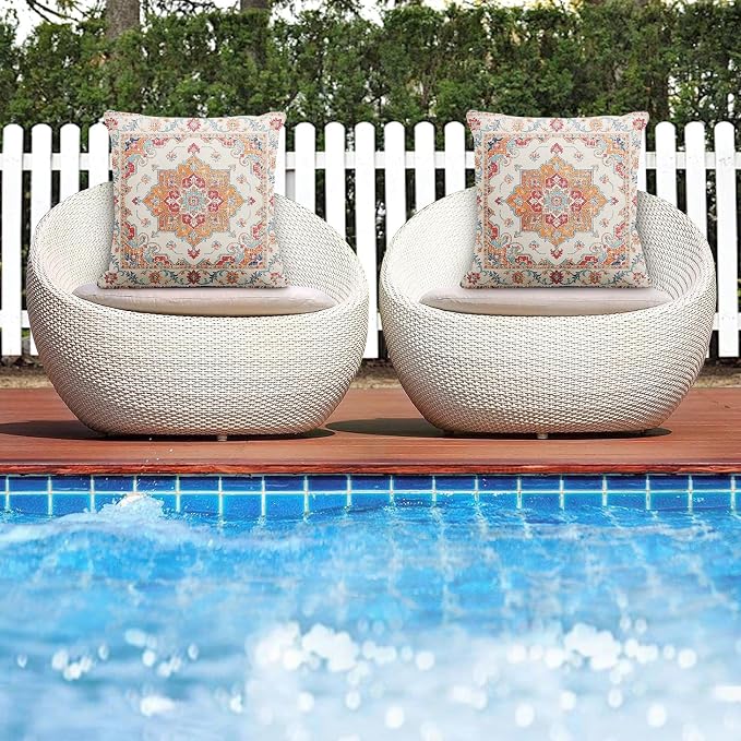 Throw Pillow Covers, Orange Boho Farmhouse, Set of 2, 18 x 18 Inch | Decorative waterproof square cushion case pillowcase for outdoor garden couch beach patio