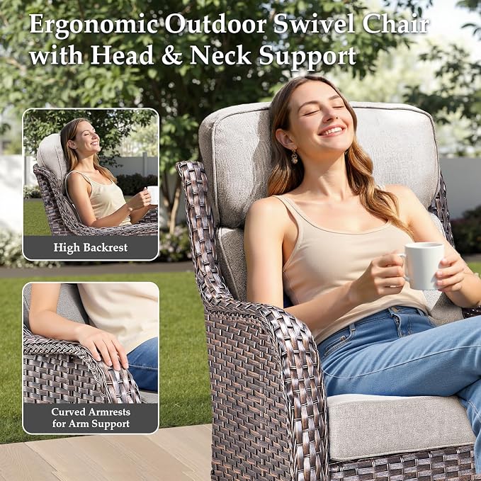Luxury Outdoor Patio Furniture Set-Wicker High Backrest 3-Seat Patio Sofa with Comfy 6" Cushion, Rattan Couch with Deep Seat All-Weather Patio Conversation Set for Deck Backyard Garden(Brown/Beige)