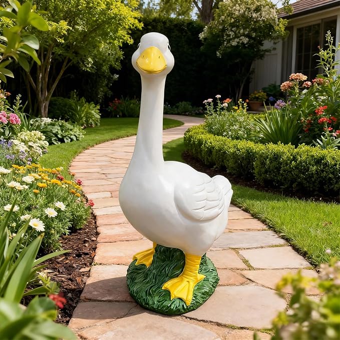 Porch Goose Statue Garden Décor - Large Porch Goose Statues, Lawn Goose Sculpture, 20″ Porch Duck Decoration Resin Material Figurine, Indoor Outdoor Lawn Yard Decor, Unique Housewarming Gifts (White)
