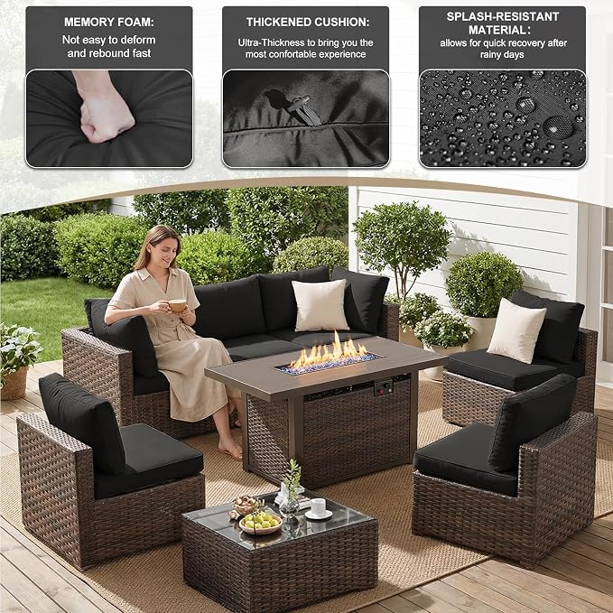 8 Pieces Patio Furniture Sets Outdoor Sectional Sofa with 44'' Propane Rattan Wicker Firepit Table, Patio Sectional Conversation Set with Cushions for Backyard, Poolside, Garden Black