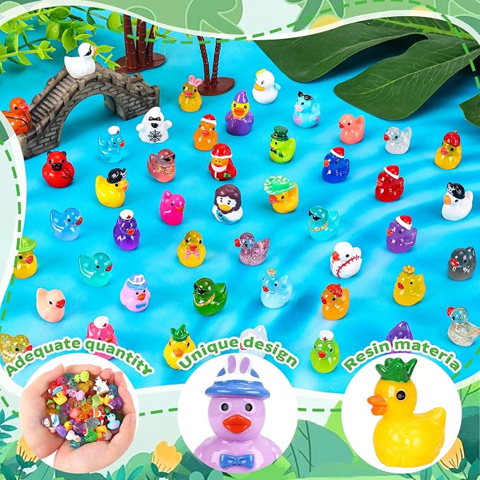 110Pcs Mini Resin Ducks Various Multicolor Tiny Ducks to Hide Miniature Resin Animals Variety Pack Small Little Figurines Bulk for Fairy Garden Micro Landscape Ornament Dollhouse Decor