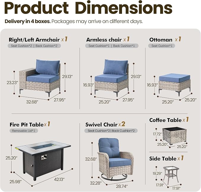 9-Piece Wicker Outdoor Sectional Furniture with Fire Pit, Wide Armrest Patio Couch Set Swivel Rocking Chair Ottoman Solar Table, Modular Conversation Sets for Backyard Deck Garden, Denim Blue