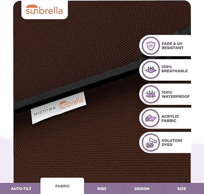 Midtown Umbrellas - The Lean 8 Ft Patio Umbrella with Fade-Resistant Sunbrella Fabric, Auto-Tilt Aluminum Frame and 8 Reinforced Ribs for Deck, Pool & Garden - Bay Brown Canopy, Black Pole