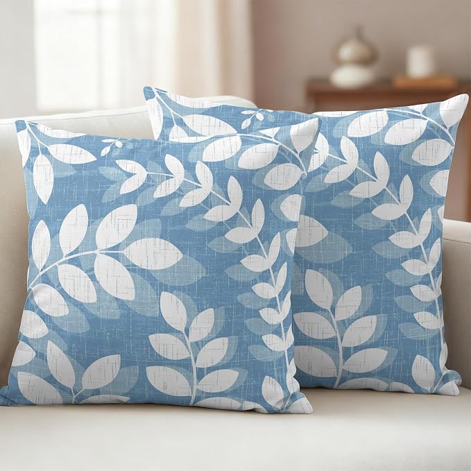Sky Blue Leaves Outdoor Waterproof Throw Pillow Covers 18x18 Set of 2, Farmhouse Botanical Branch Vintage Boho Leaf Decorative Pillowcases Cushion Pillowcase for Couch Sofa Patio Pillow Protector