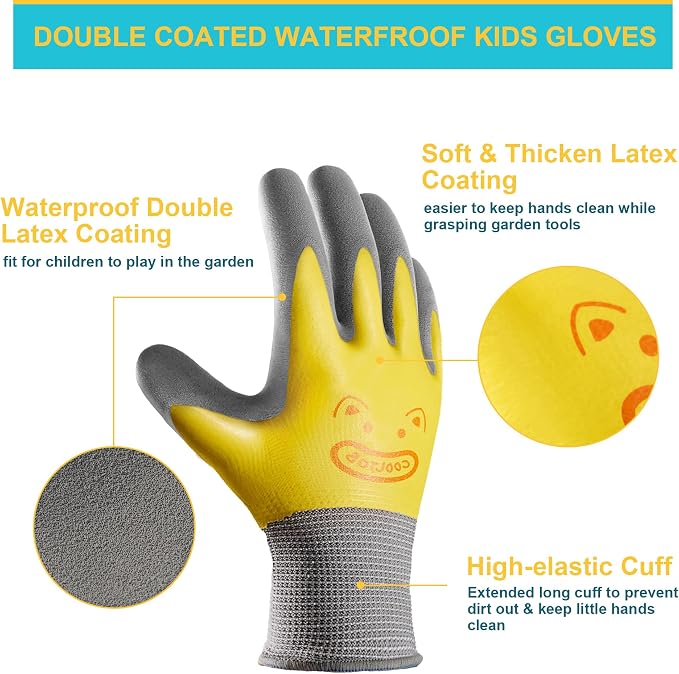 COOLJOB Double Coated Kids Gardening Gloves with Grip, Non-Slip Waterproof Rubber Work Gloves for Boys and Girls Ages 6-9, Anti-slip Durable and Super Soft, Blue & Yellow, 2 Pairs, Large