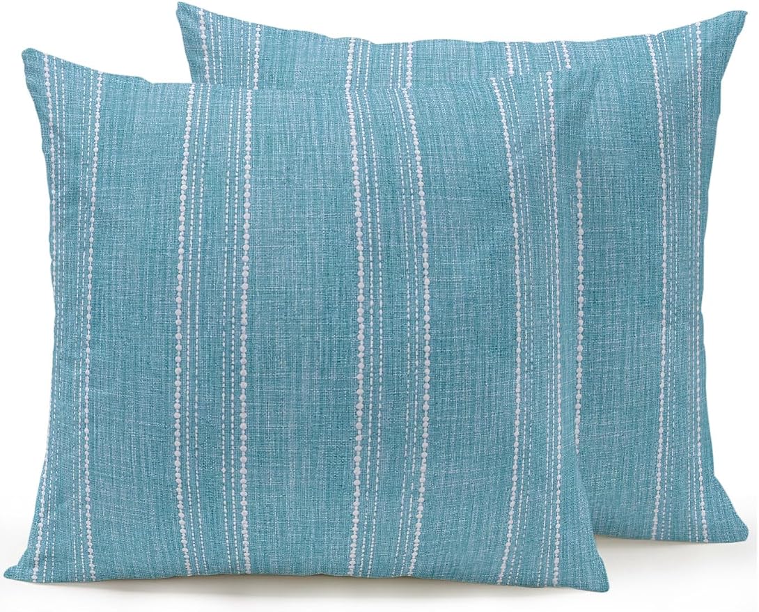 Waterproof Outdoor Pillow Set of 2 Blue Linen Stripes Decorative Throw Pillows Cover & Insert 18x18 Inch Pillowcase Parallel Vertical Lines Pillows for Couch Sofa Bed Patio Furniture Indoor Outdoor