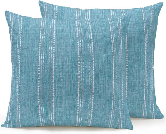 Waterproof Outdoor Pillow Set of 2 Blue Linen Stripes Decorative Throw Pillows Cover & Insert 18x18 Inch Pillowcase Parallel Vertical Lines Pillows for Couch Sofa Bed Patio Furniture Indoor Outdoor