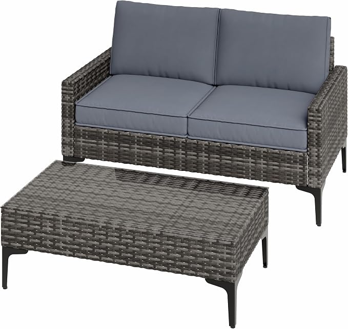 Jing's Villa 2-Piece Outdoor Sectional Set, All-Weather Wicker Patio Furniture with Loveseat & Tempered Glass Table, Comfortable Garden Conversation Set for Backyard, Poolside, Deck,Grey