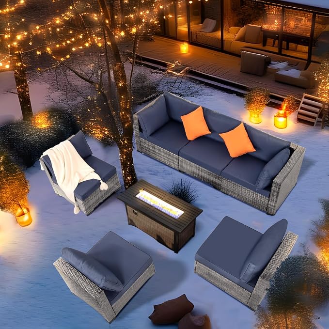 FHFO 7 Piece Outdoor Wicker Patio Furniture Set, Grey/Blue | Sectional Sofa | All-Weather Hand-Woven Rattan | Tempered Glass Coffee Table | Free Combination | Indoor & Outdoor Use