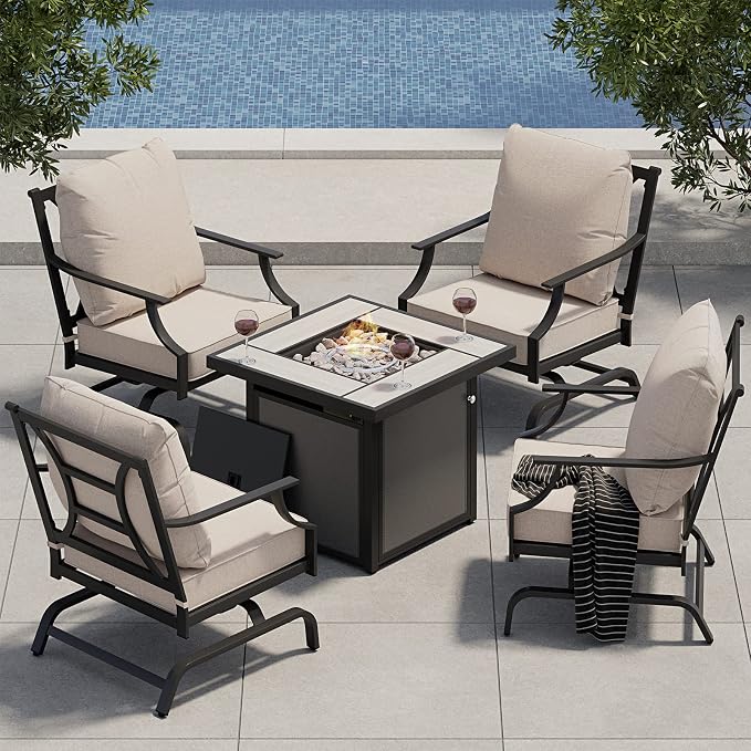 Grand patio 5-Piece Outdoor Furniture Set with 32'' Square Ceramic Tile Tabletop 50,000 BTU CSA Approved Fire Pit,4 Rocking Patio Chairs with Olefin Cushions and Pillows-Beige