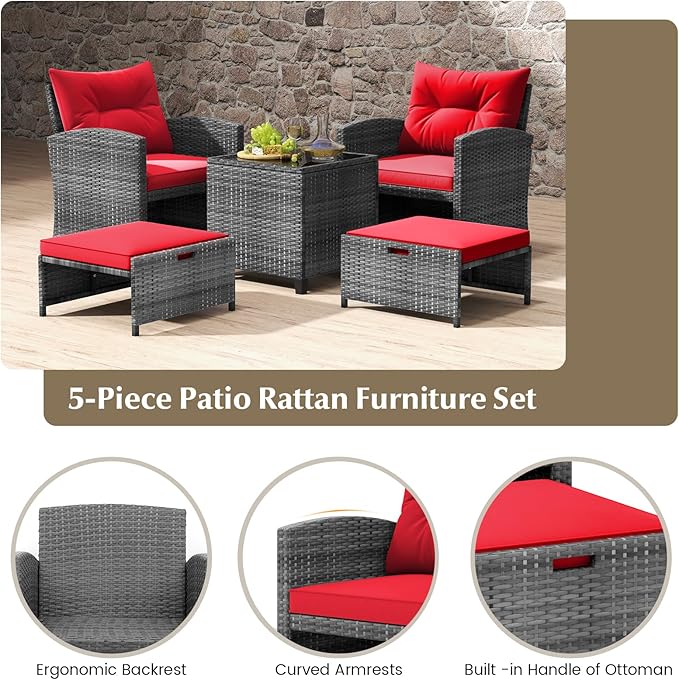 Tangkula 5 Pieces Patio Conversation Set, PE Wicker Rattan Outdoor Furniture Set with 2 Chairs, 2 Ottomans & Tempered Glass Coffee Table, Ideal for Poolside, Backyard, Lawn, Deck, Mix Grey & Red