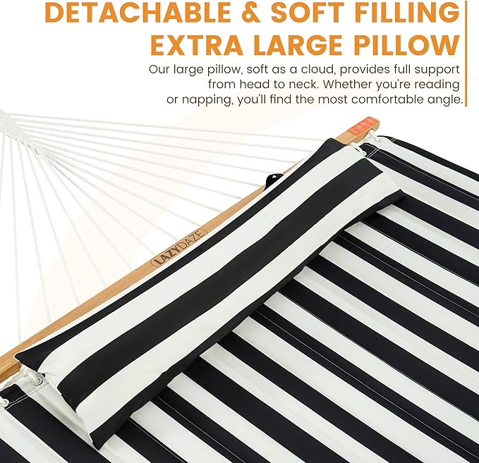 Lazy Daze Hammocks 10.5FT 2 Person Double Quilted Fabric Hammock with Spreader Bar, Detachable Pillow, Side Pocket, Carabiners, Chains, Straps for Outdoor, 450lbs Capacity, Black White Stripes