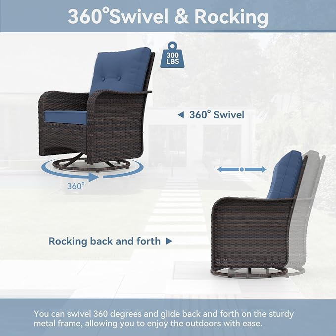Kurapika 9 Pieces Patio Furniture Set, Rattan Sofa Set, Outdoor Conversation Sets w/Swivel Rocking Chairs Patio Sectional Sofa w/4in Cushion, Navy Blue