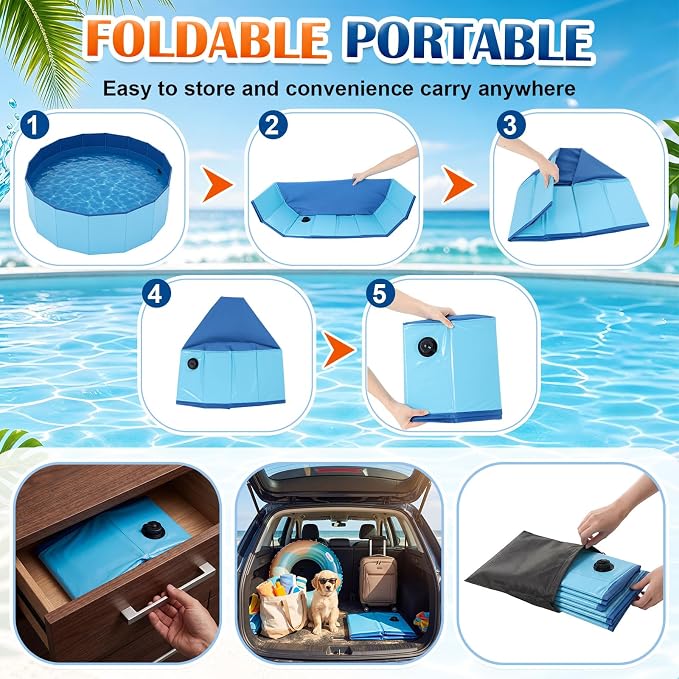 Chunful Blue Foldable Dog Pool with Storage Bag, Pet Swimming Pool Hard Plastic Portable Bath Tub for Dogs, Cats, Backyard, Beach, and Summer Play, Indoor & Outdoor Use (31.5" X 12")