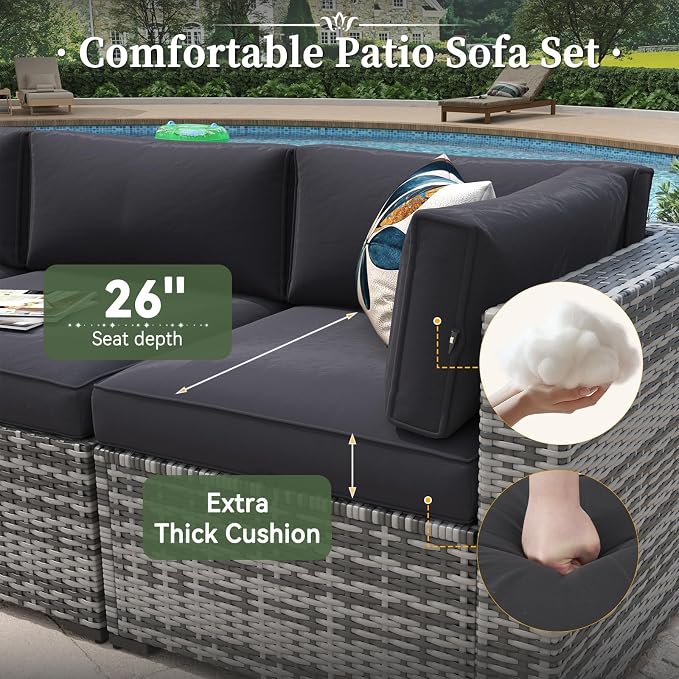 Aoxun 15 Piece Patio Furniture Set with Fire Pit Table Wicker Rattan Outdoor Sectional Sofa Set with Coffee Table and 4” Thickened Cushions, Grey/Black