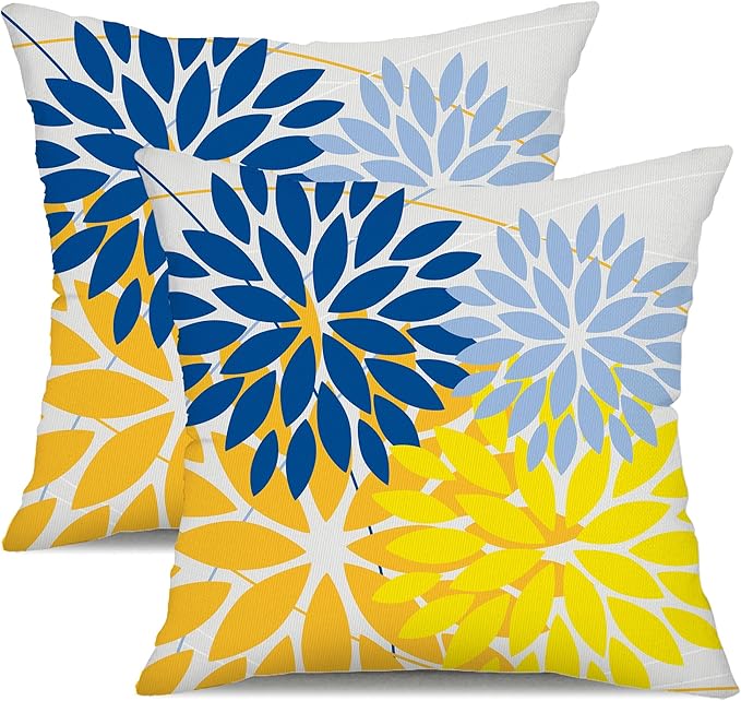 DFXSZ Pack of 2 Outdoor Waterproof Throw Pillow Covers 20x20 Blue Yellow | Polyester Colorful Spring Summer Floral Decorative Cushion Cases(NO INSERT),For Couch Patio Funiture Garden Home Decor