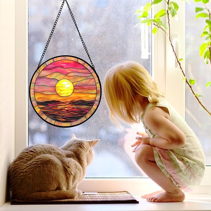 DASTOLL Stained Glass Window Hanging, Sunrise Sea Surface Sun Catchers Diamond Glass Panel Hangings Abstract Suncatcher Decor for Birthday for Women, Men, Wife, Aunt, and Mom 11.8 in