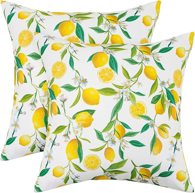 SquarePie Outdoor Pillow Covers 18x18 Inch Set of 2 - Waterproof Lemon Square Cushion Covers for Patio Garden Furniture, Summer Yellow Citrus Decorative Throw Pillow Cases for Couch Sofa Balcony Bench
