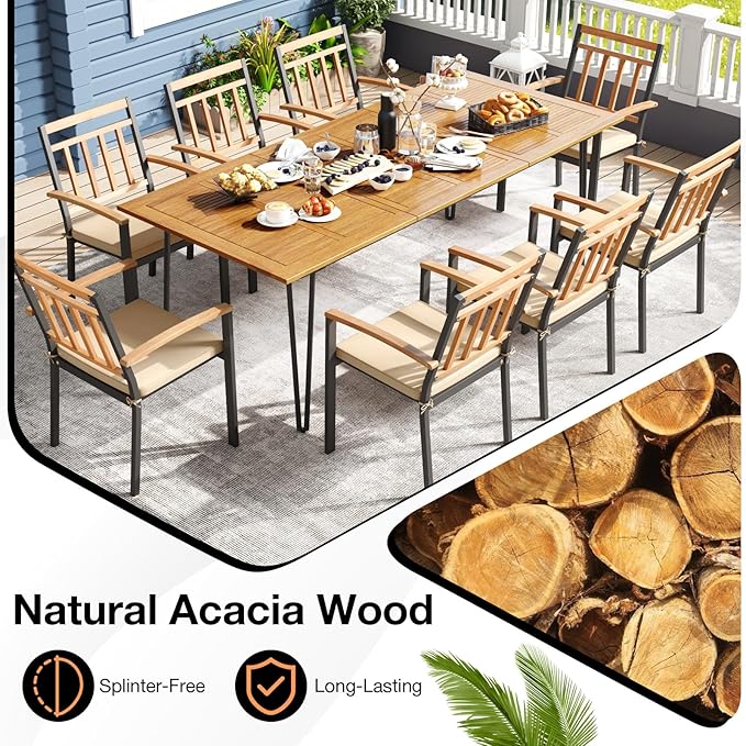 Tangkula 9 Pieces Patio Dining Set, Outdoor Furniture Set w/ 8 Chairs, Acacia Wood Table Top, Umbrella Hole & Removable Seat Cushions for Yard, Garden, Deck, Porch & Poolside
