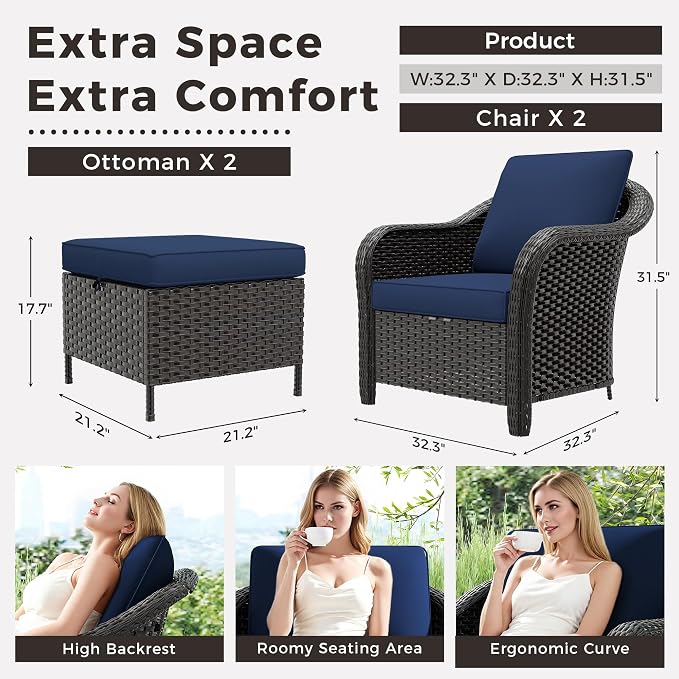 4 Pieces Patio Outdoor Conversation Furniture Set with Cushions, All-Weather Wicker Ottomans, PE Rattan 2 Chairs for Backyard, Deck, Lawn (Navy Blue)