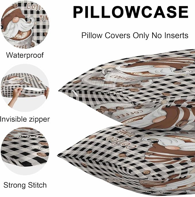 Coffee Gnomes Outdoor Pillow Covers 24x24 Inch Throw Pillow Covers Set of 2 Waterproof Decorative Pillow Cases Farmhouse Brown Bean Plaid Black Grey Cushion Covers for Patio Furniture Garden Couch