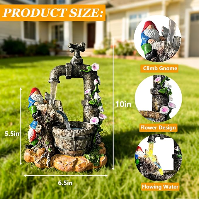 Solar Garden Gnomes Statues Outdoor Yard Decorations, 10" Resin Fountain Gnome Outside Christmas Art Decor for Lawn Patio Porch Backyard,Unique Housewarming Gifts for Women Mom Grandma
