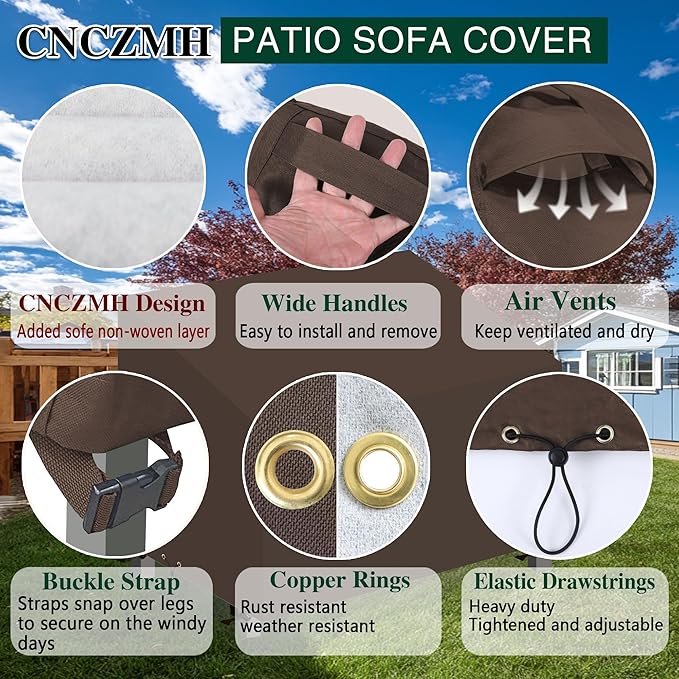 Heavy Duty Patio Sofa Covers Waterproof, Outdoor 3-Seater Couch Cover Waterproof, 600D Outdoor 2-Seater Loveseat Furniture Covers with Air Vent Handle 52''W x 32''D x 24''H/ 34''H Brown