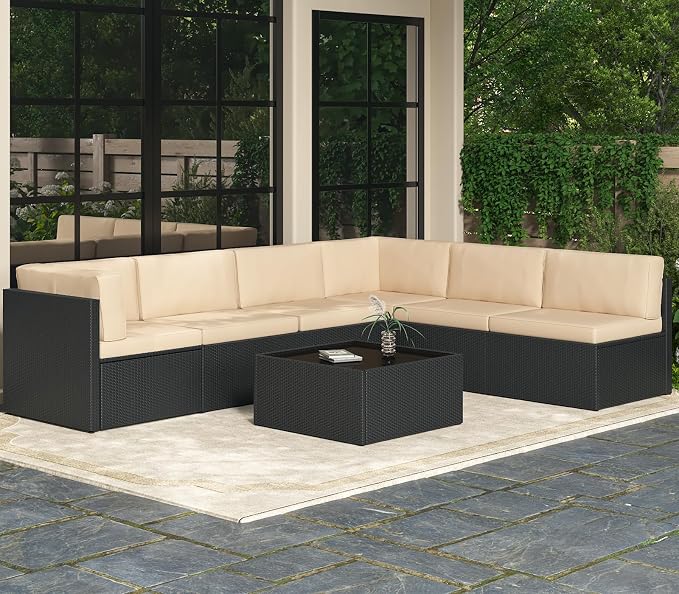 AECOJOY 7 Piece Outdoor Patio Furniture Set, Outdoor Sectional Conversation Furniture Chair with Coffee Table,Patio Sectional for Garden,Backyard(Khaki Cushions and Black PE Rattan)