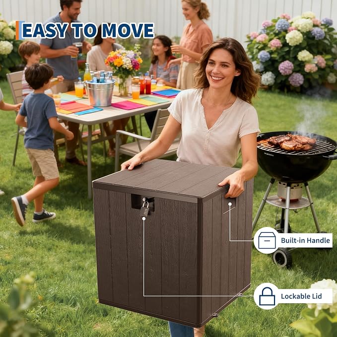 28 Gallon Outdoor Storage Box, Blow Molded Deck Box with Imitation Rattan Pattern, Heavy Duty Waterproof Resin Deck Box No Assembly Required, Lockable Patio Storage Box for Cushions Garden Tools Pool