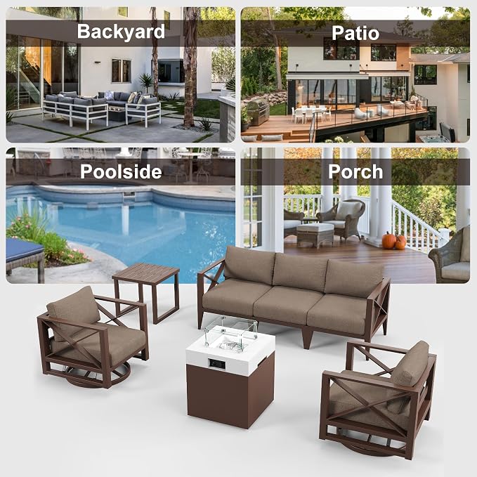 7-Piece Aluminum Patio Furniture Set with Fire Pit Table, Swivel Rocking Chairs & Oversized Sofa, All-Weather Outdoor Conversation Set for Backyard, Deck, Balcony – Brown