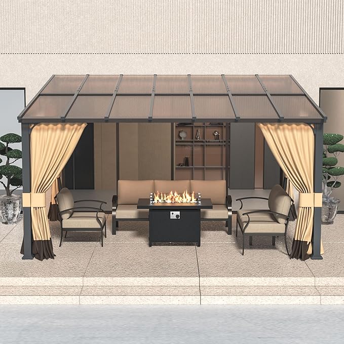 10' x 14' Lean to Gazebo,Large Wall Mount Heavy Duty Gazebos Pavilion,Outdoor Hardtop Pergola Shelter with Curtains and Netting,Sunshade for Patio Garden Lawn Backyard Deck,Brown