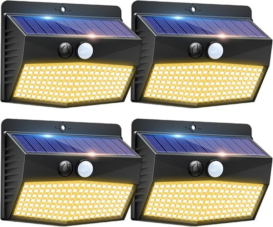 Solar Outdoor Lights, [4 Packs] Motion Sensor Security Lights with 3 Lighting Modes Wall Lights Waterproof Solar Powered Lights for Garden Yard, Warm