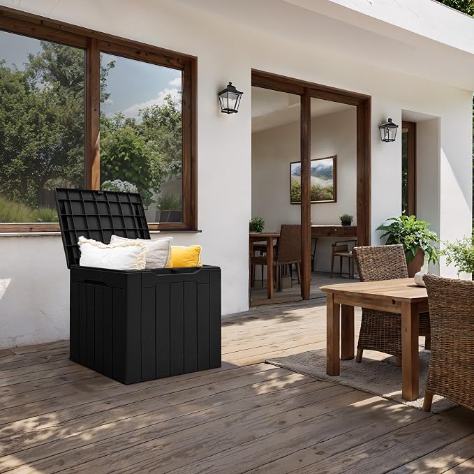 GUNJI 30 Gallon Small Deck Box Outdoor Waterproof Resin Storage Box Lockable Storage Container Outside Package Delivery Box (Black)
