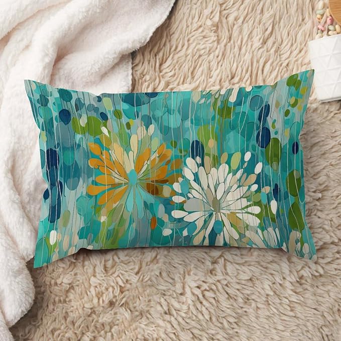 Make It Rain Fiesta Lumbar Pillow Cover Rainbow Teal Flower Pillowcase 16x26in Rustic Accent Modern Decorative Pillow Covers for for Farmhouse Decor Home Car Couch