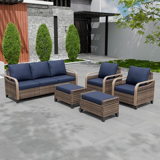 EAGLE PEAK Modern Wicker Outdoor Patio Furniture Set, Patio Conversation Set, 2 Chairs, 3-Seat Loveseat and 2 Ottomans, 5 Pieces, Brown/Blue