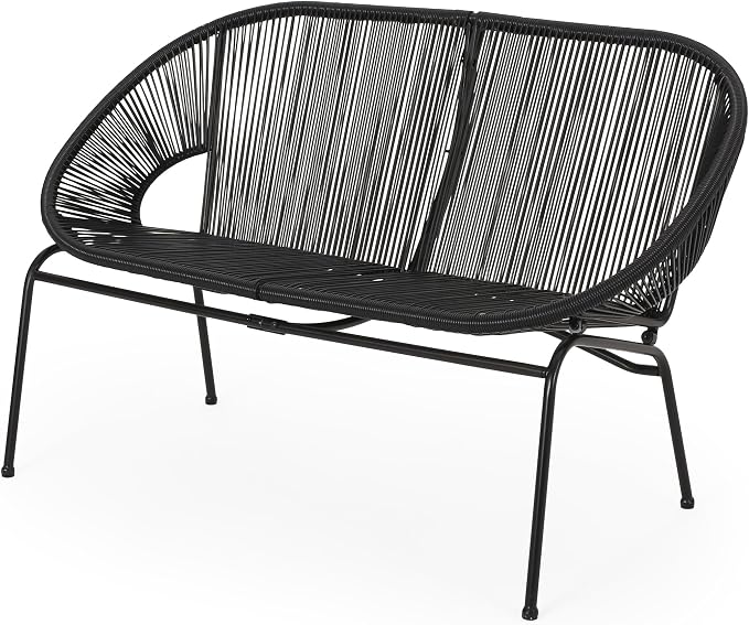 Christopher Knight Home Dessa 3 Piece Patio Furniture Set, Patio Wicker Accent Chair Set of 2 and Loveseat, Metal Frame 4 Seater Outdoor Papasan Lounge Chair Set, PE Rattan Outdoor Bistro Set, Black
