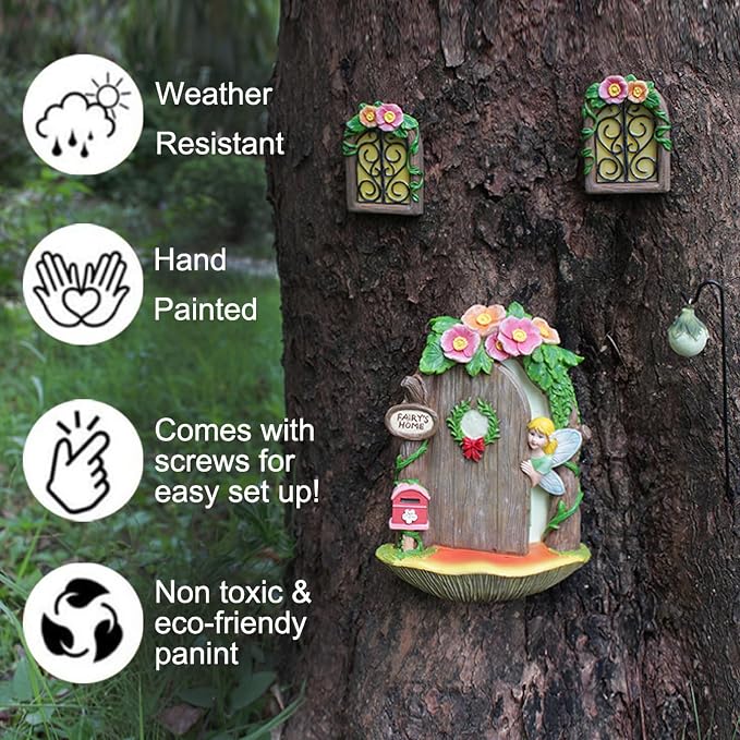 Fairy Door and Windows Garden Kit Accessories Outdoor, Glow in Dark Gnome House for Tree, Lawn Yard Art Sculpture, Miniature Garden Decor (Fairy)